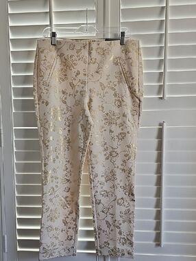 Chico's English Cream Pants with Metallic Gold Floral Jacquard Juliet Slim Leg